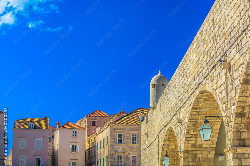 Dubrovnik architecture. / Colorful old stone architecture in city center of famous travel resort Dubrovnik, Croatia Europe. Dubrovnik architecture. / Colorful old stone architecture in city center of famous travel resort Dubrovnik, Croatia Europe.