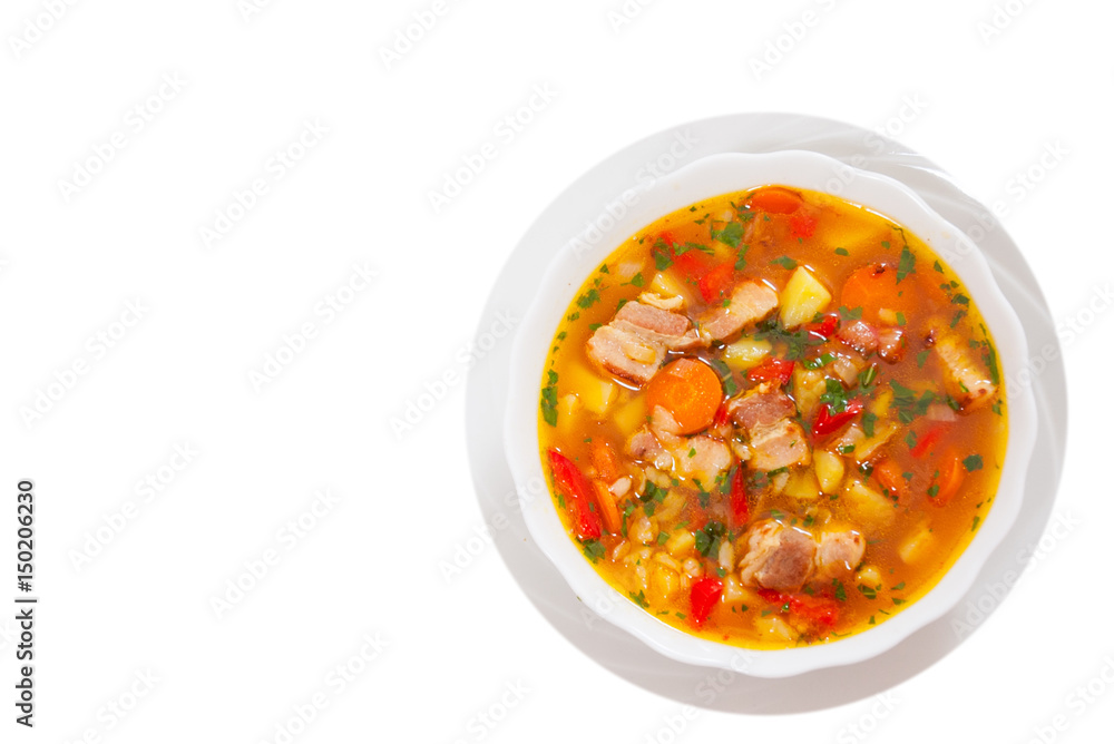 soup with meat, rice and vegetable. top view. isolated on white soup with meat, rice and vegetable. top view. isolated on white