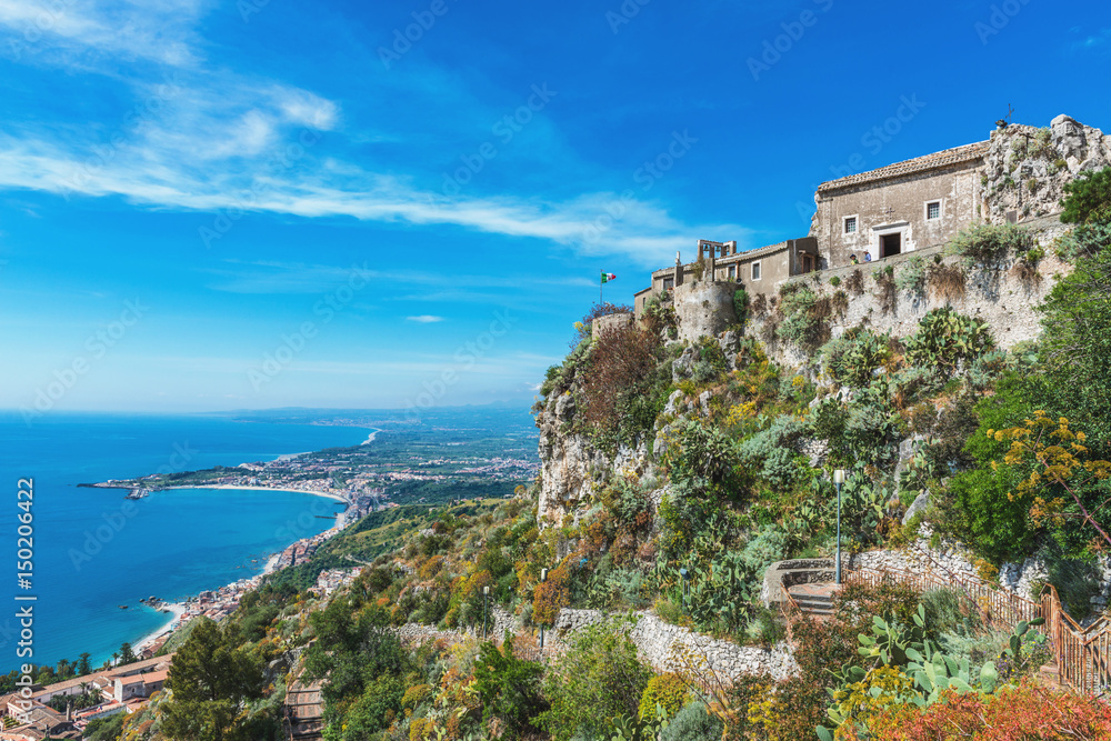 Hilltop church and sea, Taormina, Sicily, Italy