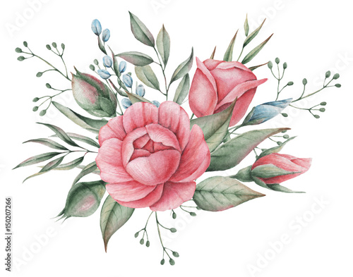 Hand painted watercolor charming combination of Flowers and Leaves, isolated on white background