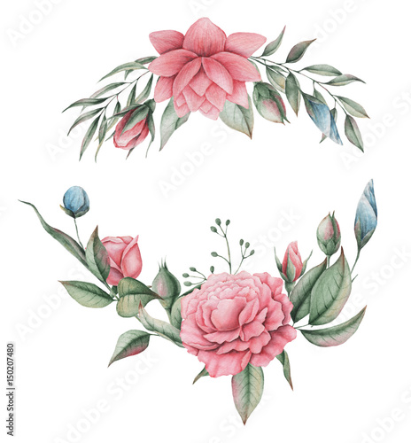 Fototapeta Naklejka Na Ścianę i Meble -  Hand painted watercolor charming combination of Flowers and Leaves, isolated on white background