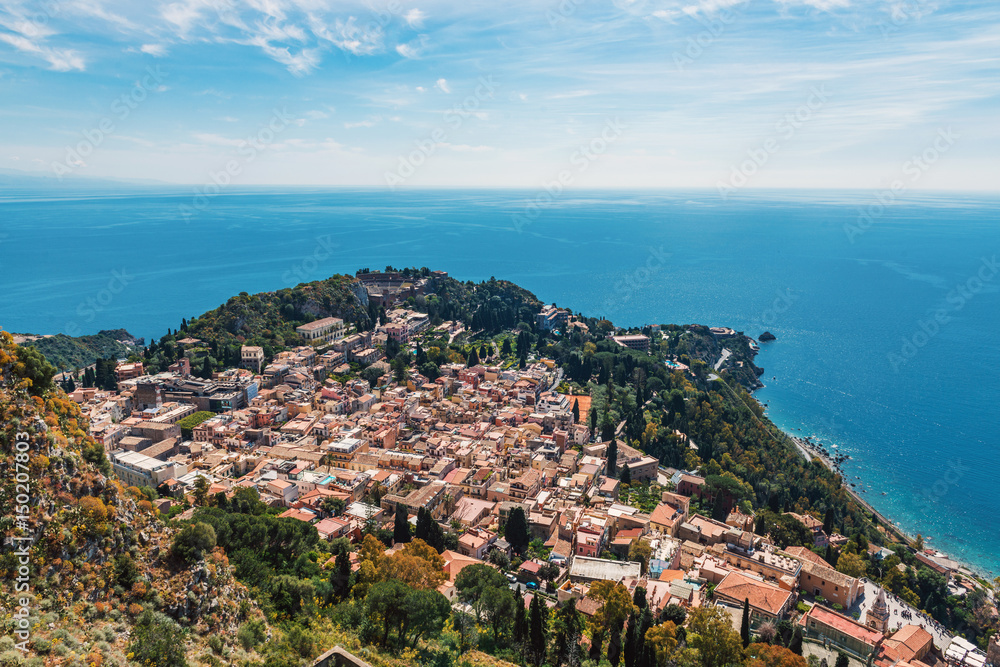 Aerial view and cityscape of Taormina, Sicily