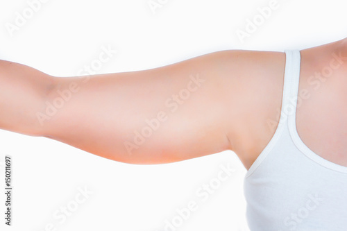 asian woman showing her fat upper arm