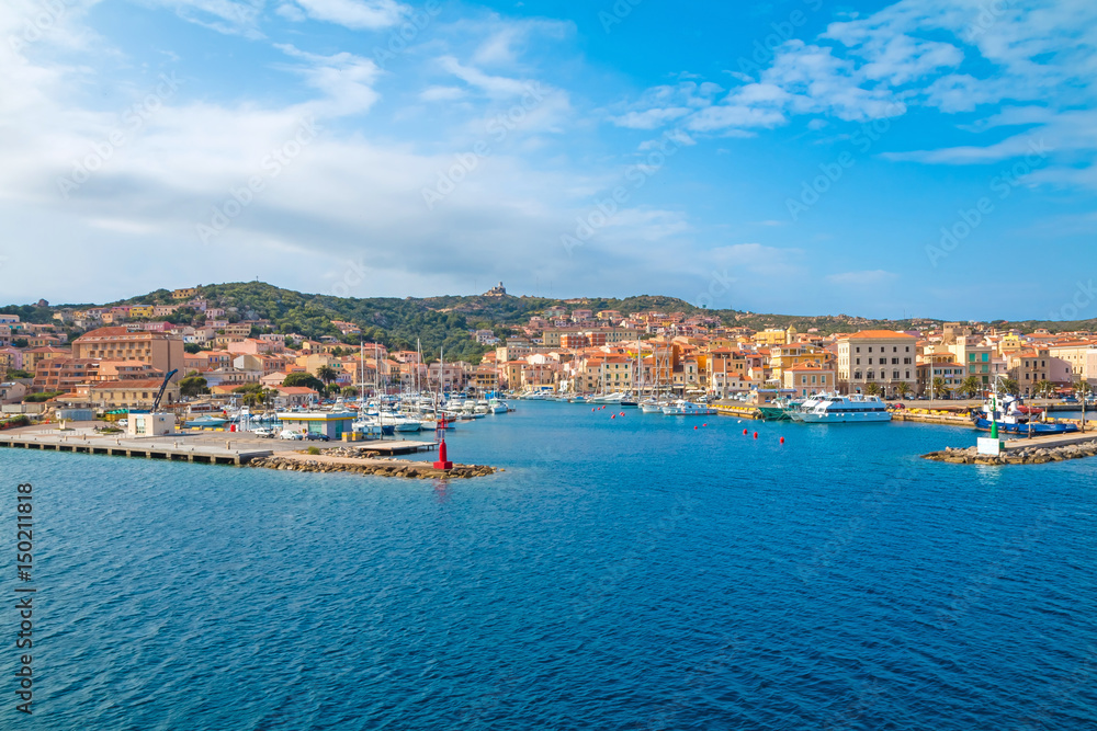 View the town of La Maddalena from ferry boat, northern Sardinia, Italy