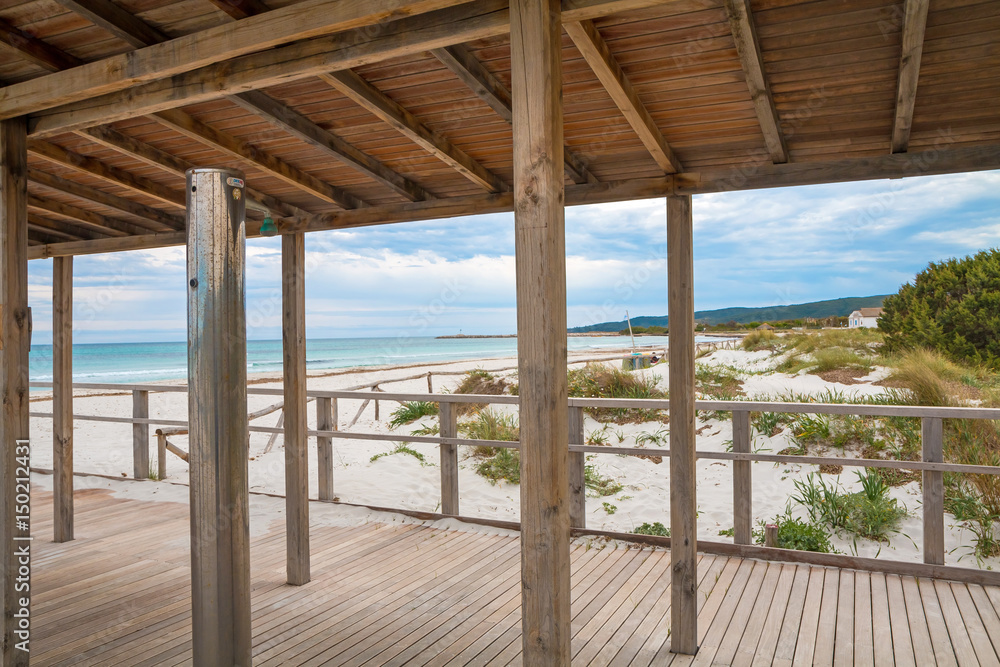 white sand beach in Villasimius beach, Sardinia island, Italy