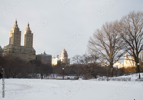 Snow at Central Park and buildings in Manhattan