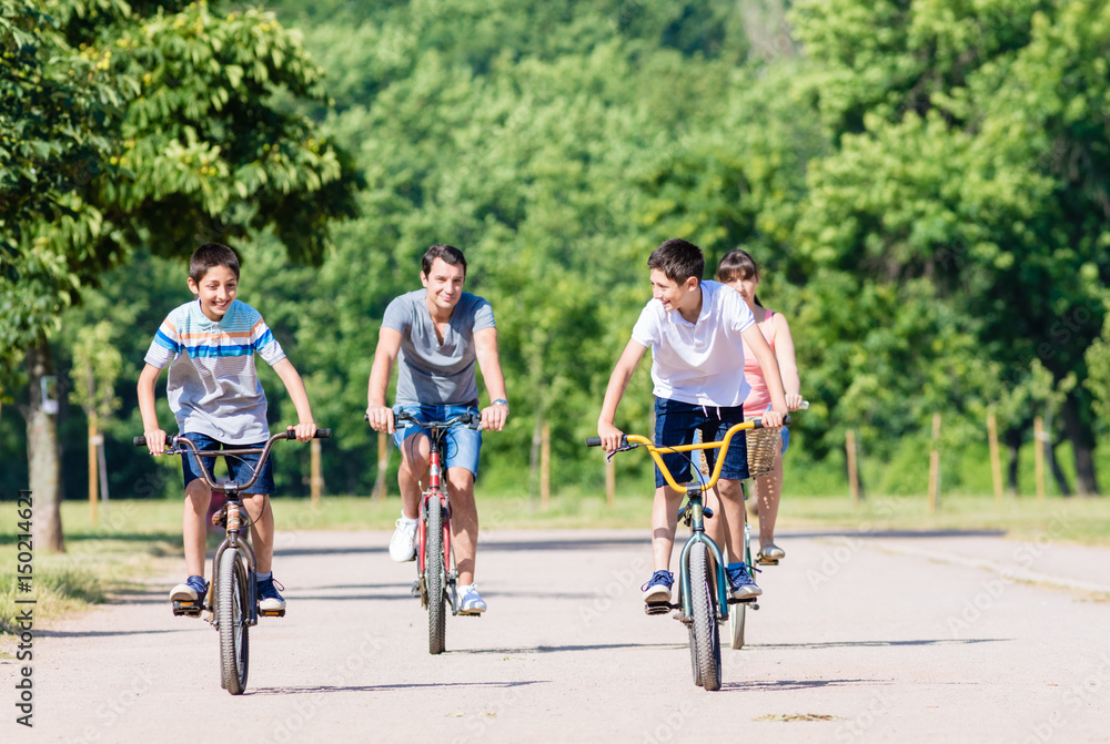 Fototapeta premium Family of four on bike tour in summer