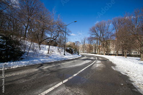 Road in the curve and snow at Central Park with blue sky  New York