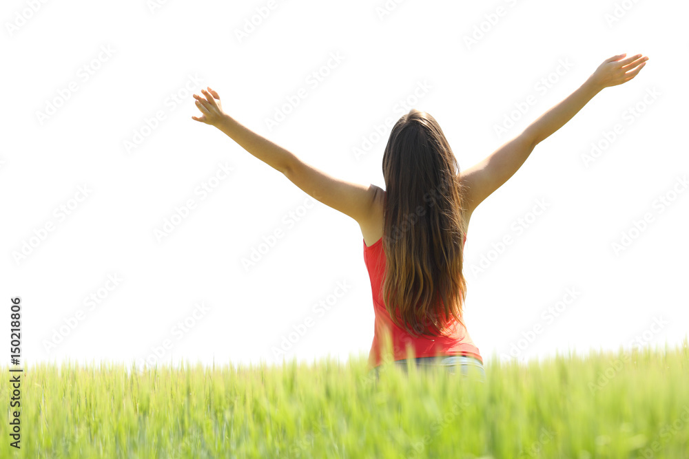 Happy woman raising arms in a field Happy woman raising arms in a field
