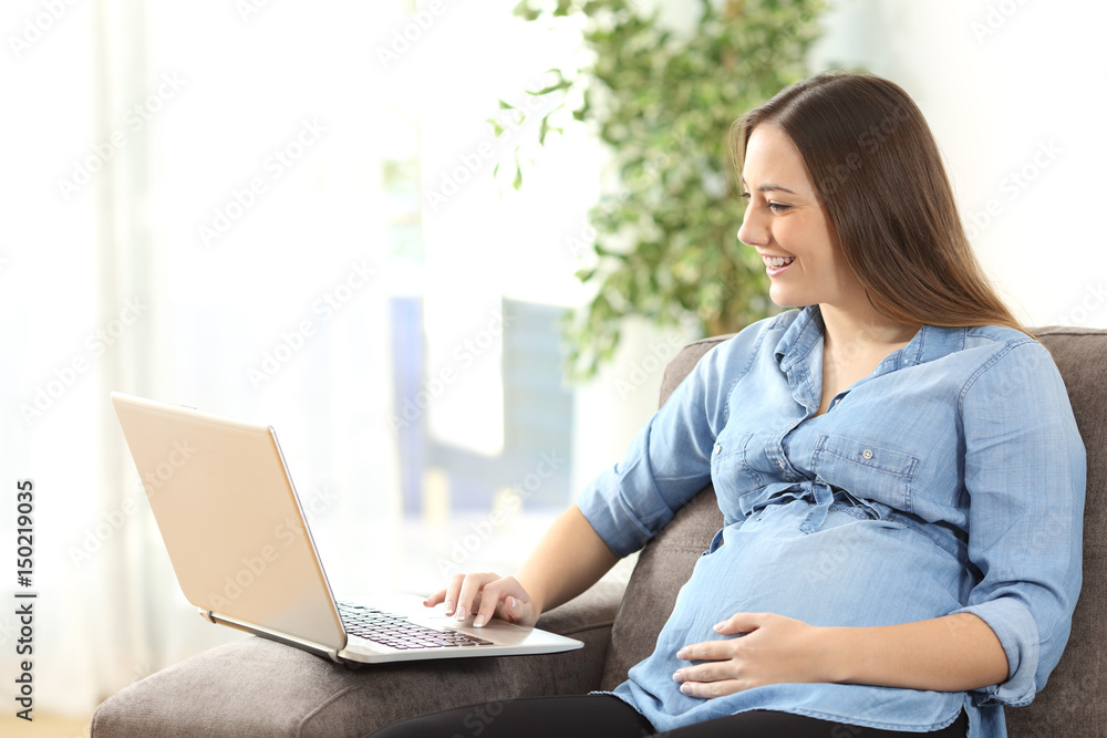 Pregnant woman using a laptop on line Pregnant woman using a laptop on line