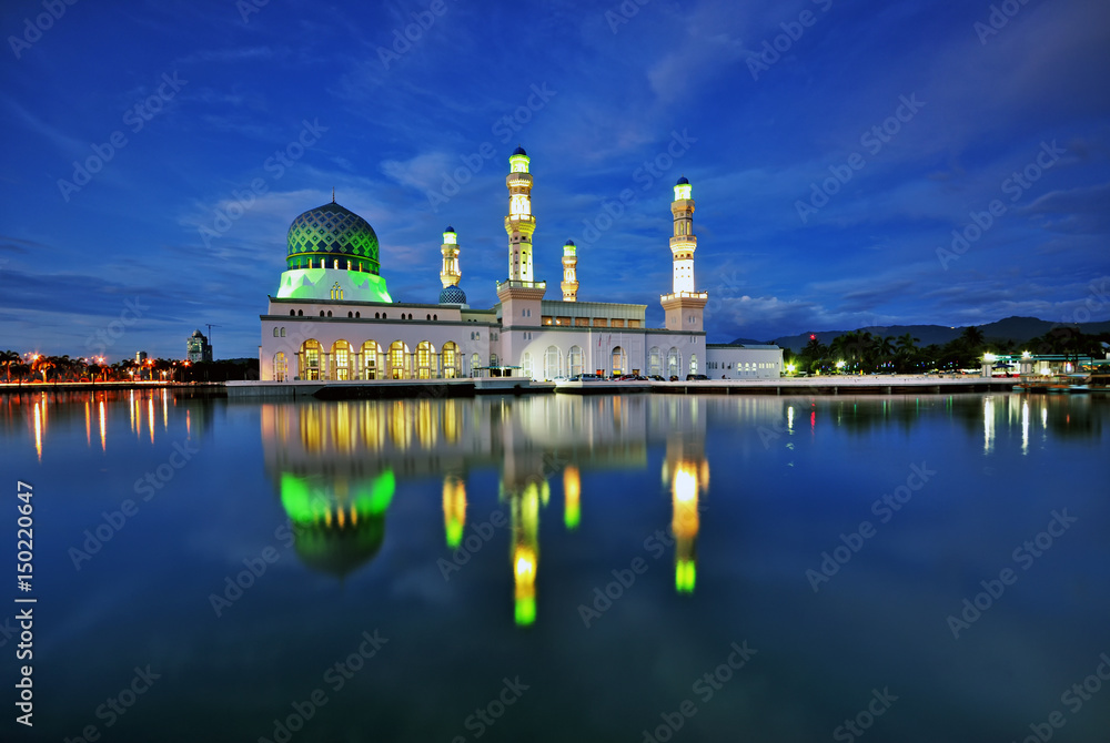 Night scene of Kota Kinabalu city Mosque, Sabah Borneo, Malaysia.