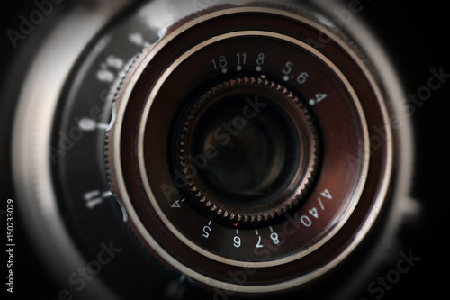 Old analog russian camera lens close up