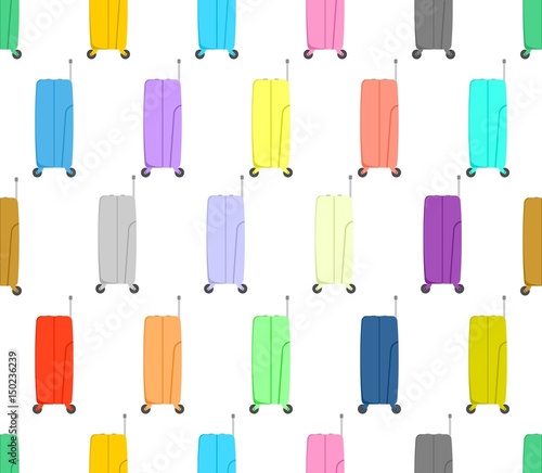 Holiday background with colored travel suitcase with black wheels and pull out handle in a row next to each other and alternately under him a white background 