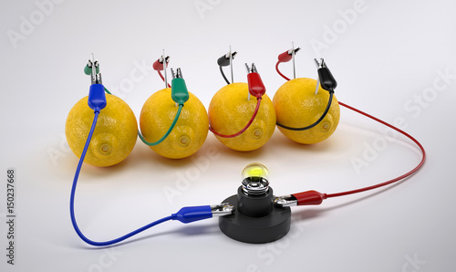 Electricity From Lemon battery on white background. Bio battery. 