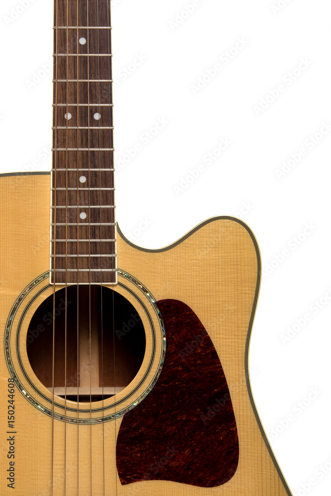 Acoustic guitar light color wood sound hole and frets