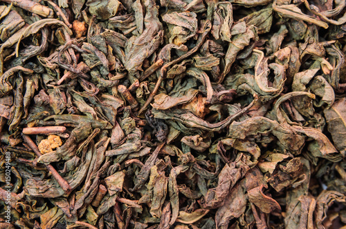 Background of dry green tea with flavors