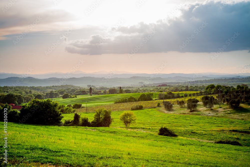 Paysage du Val d'Orcia en Toscane au soleil couchant