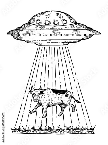UFO kidnaps the cow engraving style vector