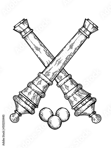 Vintage cannons and cores engraving style vector