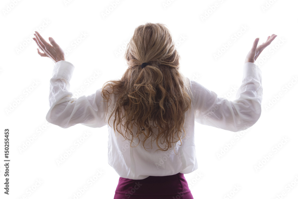 woman on his back with arms aloft caught on a white background woman on his back with arms aloft caught on a white background