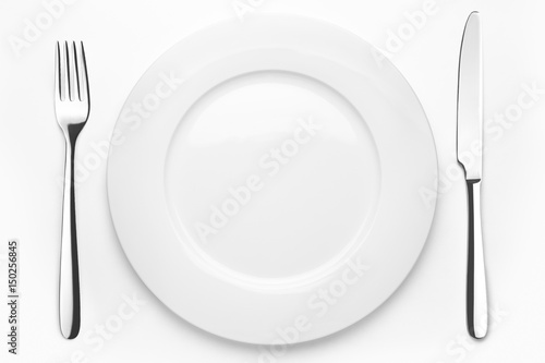 Empty plate, fork, knife, clipping path,
white background, isolated, top view from first person