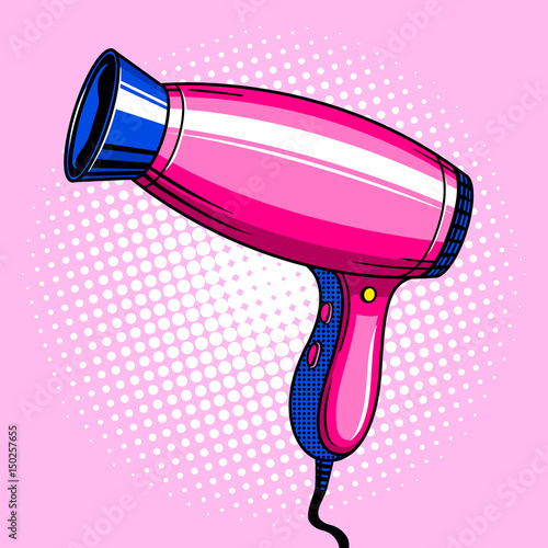 Hair dryer pink color pop art style vector