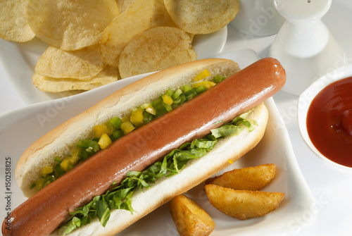 Chicken Jumbo Hotdog sandwich with fries & Ketchup on white plate 