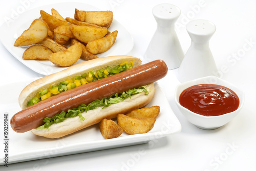 Chicken Jumbo Hotdog sandwich with fries & Ketchup on white plate 