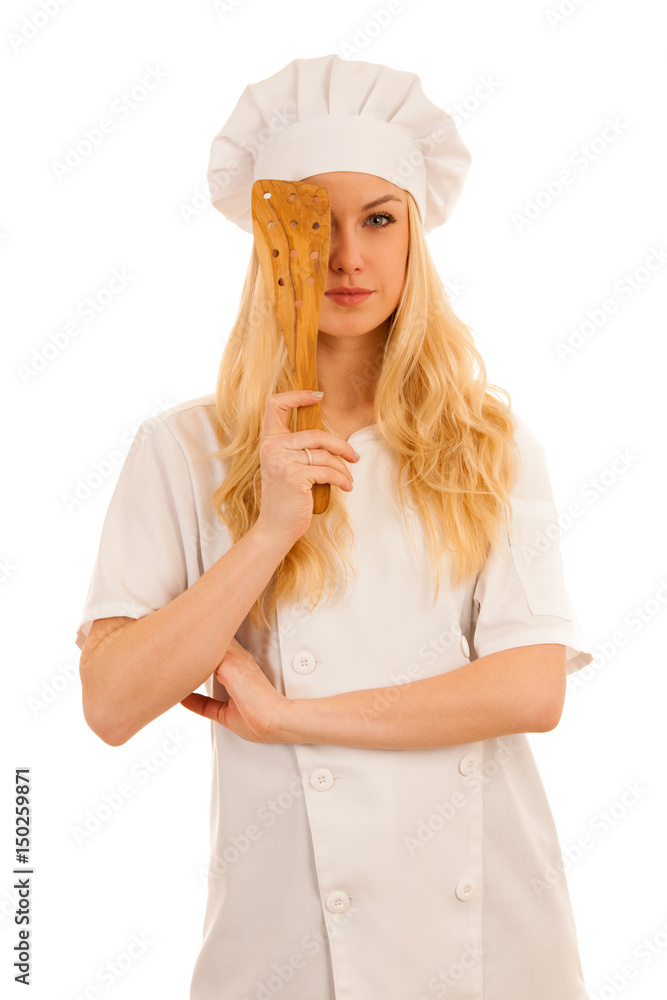 young beautiful blonde chef woman standing isolated over white background - professionla cook young beautiful blonde chef woman standing isolated over white background - professionla cook