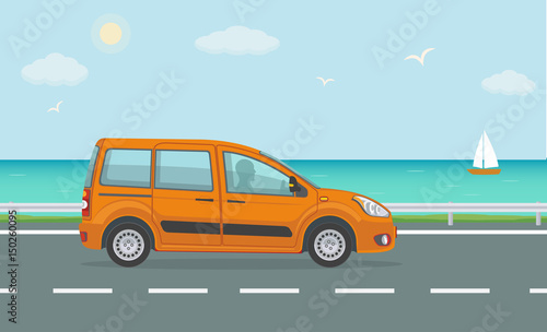 Orange car on the road near the sea. Vector illustration.