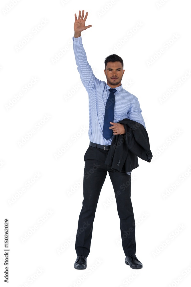 Portrait of businessman with hand raised Portrait of businessman with hand raised