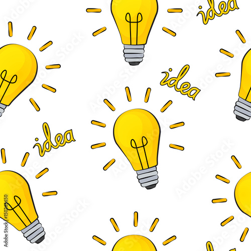 Idea Bulb Flat Design Icon Seamless Pattern Background. Vector Illustration