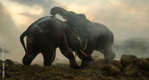 Two elephant bulls interact and communicate while play fighting.