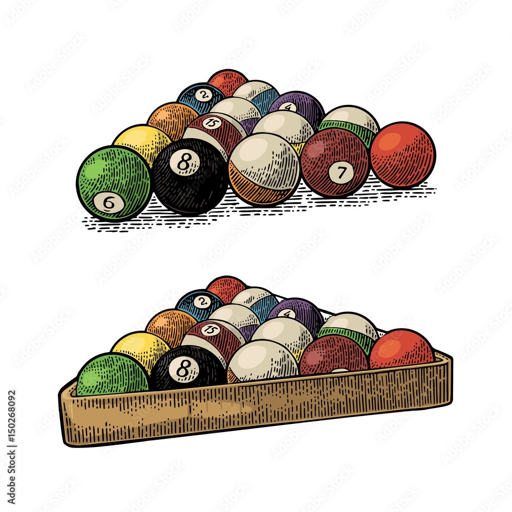 Obraz premium Billiard balls with number in triangle with shadow. Vintage engraving