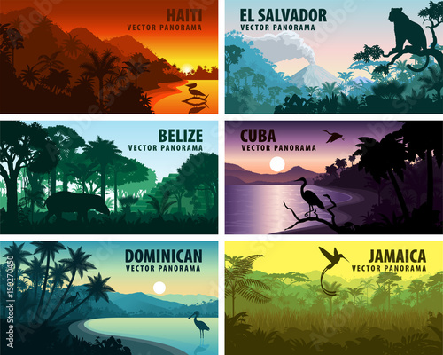 vector set of panorams countries of caribbean and Central America - Haiti, Jamaica, Dominicana, Cuba, El Salvador, Belize.
