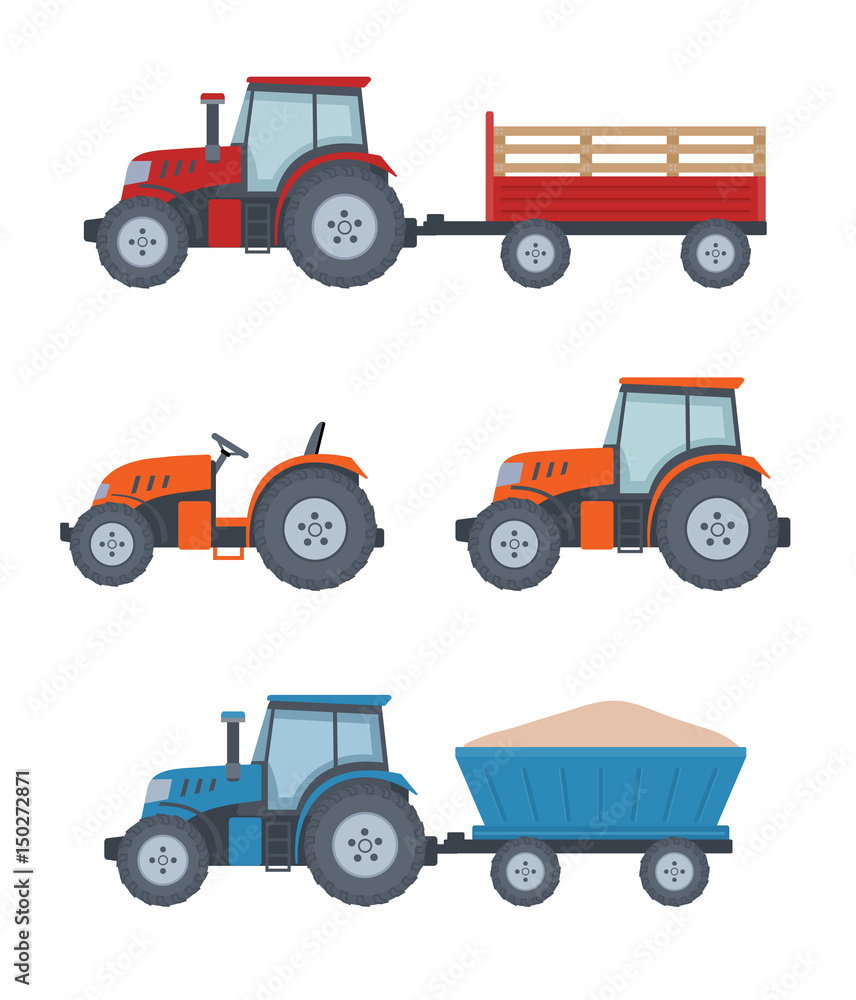 Farm tractor set on white background. Flat style, vector illustration.