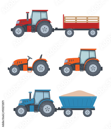 Farm tractor set on white background. Flat style, vector illustration.