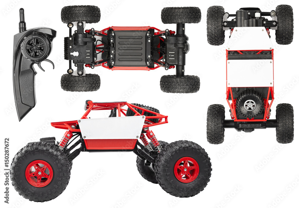 Radio controlled SUV for extreme, red children's toy with electric drive, view from three sides isolated on white