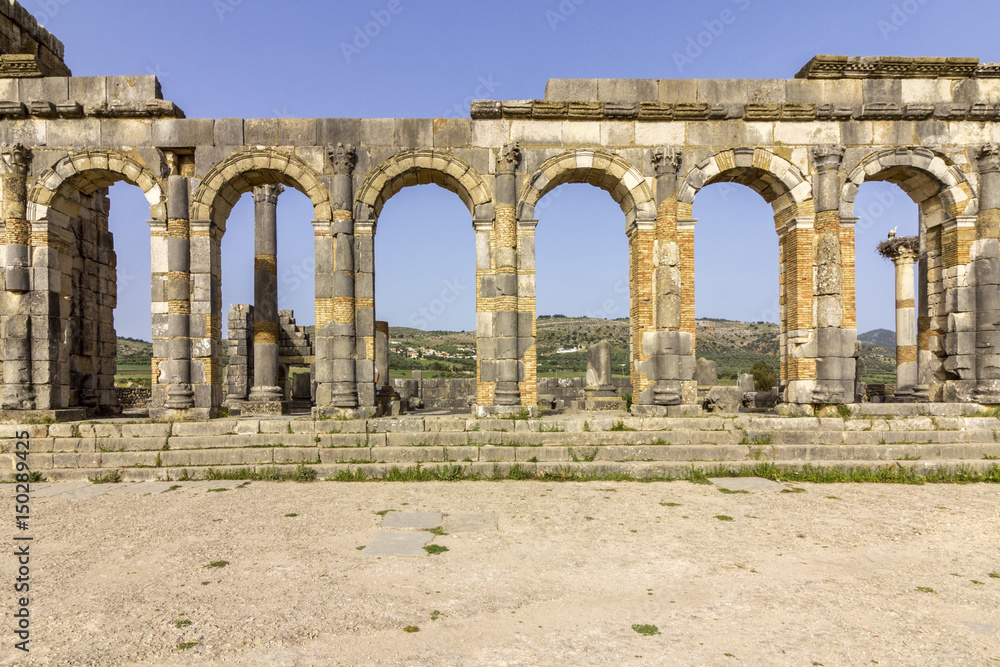 Exterior of the Basilica at archaeological Site of Volubilis, ancient Roman empire city, Unesco World Heritage Site