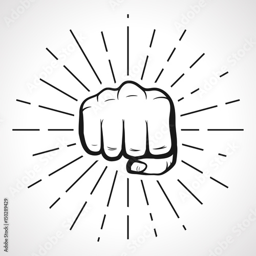 Fist with sunbursts, hand silhouette. vector