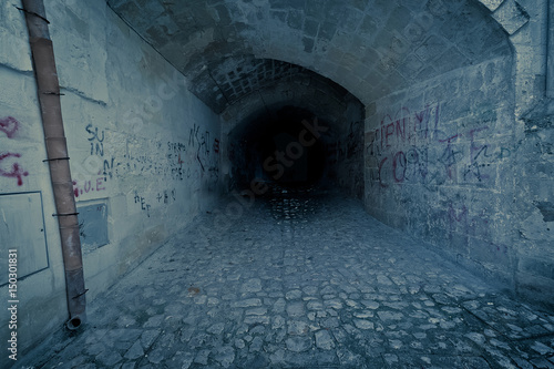 abandoned dark creepy and claustrophobic tunnel, with write on brick wall