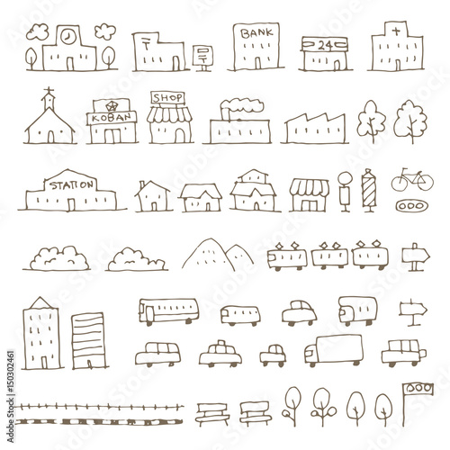 かわいい手描き地図用建物 乗り物アイコンイラスト Stock Vector Adobe Stock