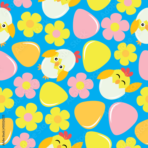 Cute chick, flower, and eggs on blue background vector cartoon, Easter seamless pattern, wallpaper, and greeting card, T-shirt design for kids