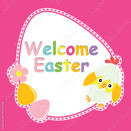 Cute chick, flower, and eggs vector cartoon, Easter postcard, wallpaper, and greeting card, T-shirt design for kids