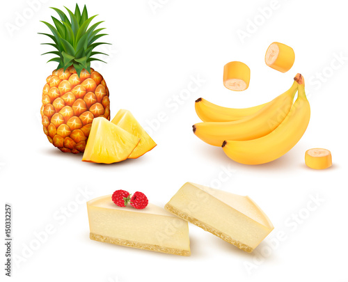 Set of different fruit and desert. Pineapple, banana and cheesecake. Vector.