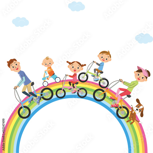 自転車に乗る家族と虹