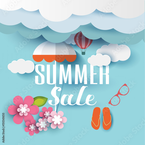 summer sale banner with flower, cloud, for  promotion, paper art style,vector photo