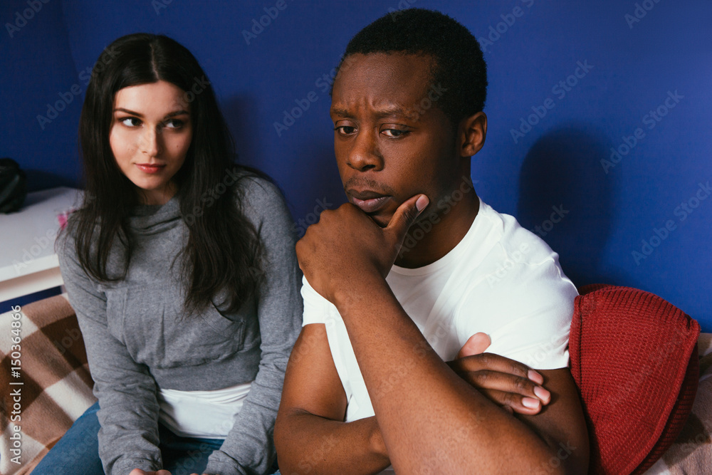 Couple White Woman Black Man Interracial Think Future Serious Plans Thoughtful Concept Stock