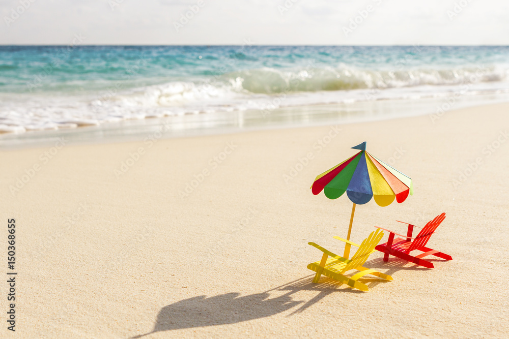 Two chairs and umbrella on tropical beach Similan Islands Thailand. Paper, handmade. Two chairs and umbrella on tropical beach Similan Islands Thailand. Paper, handmade.
