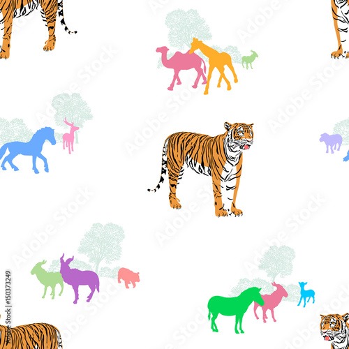 Fototapeta Naklejka Na Ścianę i Meble -  Tiger with colorful silhouette animals. Wild life animals. Seamless pattern. Vector illustration isolated on white background.